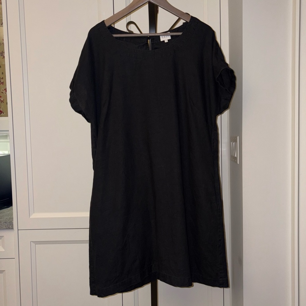EAST 100% Linen Charcoal Gray Short Sleeve Scoop Neck Shift Tunic Dress Size 12